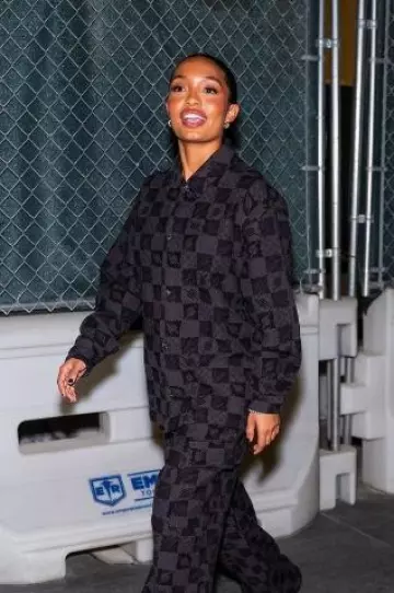 Daily Paper Phantom Black Membuti Chess Pants worn by Yara Shahidi in New York City on November 20, 2024