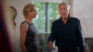 Max Mara Navy & Grey Printed Belted Sheath Dress worn by Dr. Julie Baram (Wendie Malick) as seen in Shrinking (S02E01)