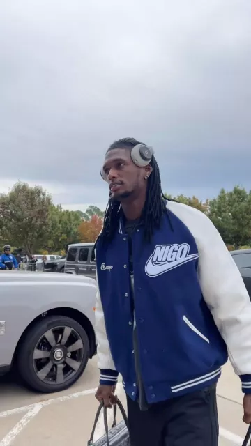 Nike NRG x Nigo Navy Blue Varsity Jacket worn by CeeDee Lamb on the Instagram account @dallascowboys