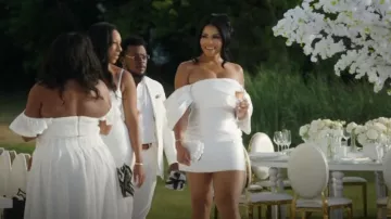 Solace London Edda Off-the-shoulder Faille Mini Dress worn by Mia Thornton as seen in The Real Housewives of Potomac (S09E08)