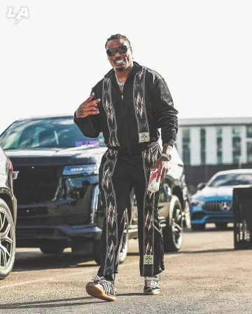 Kapital Black Tribal Striped Kochi Trackpants worn by Derwin James Jr. on the Instagram account @chargers