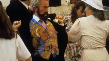 Wardrobe of Four Weddings and a Funeral:  Gareth (Simon Callow) wears Printed Waist coat in the movie