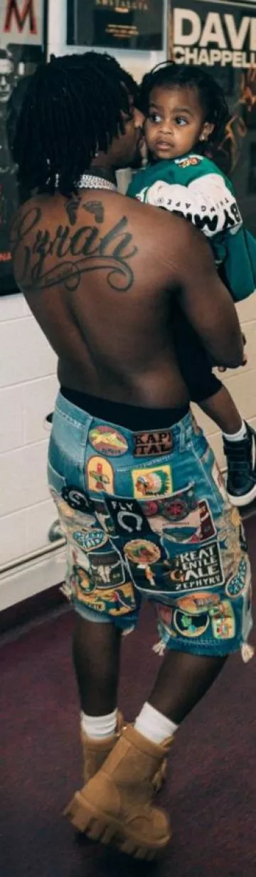 Kapital Blue Patches Zephyros Insane Shorts worn by Toosii on the Instagram account @toosii