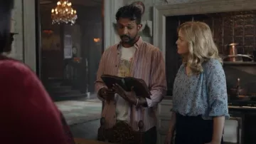 Club Monaco Standard Stripe Shirt Jaspe worn by Jay Arondekar (Utkarsh Ambudkar) as seen in Ghosts (S04E06)