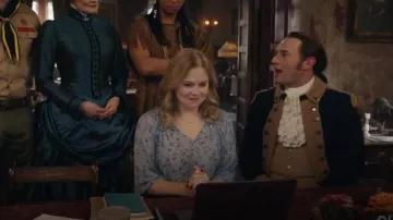 Part Two Elsia Blouse in Faded Denim Scattered Flower worn by Samantha (Rose McIver) as seen in Ghosts (S04E06)