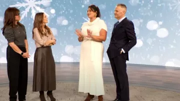 Frame Ruched Puff Sleeve Sweater worn by Valerie Bertinelli as seen in The Drew Barrymore Show on December 3, 2024