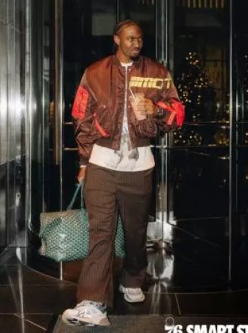 Members Of The Rage Brown & Red Cargo Bomber Jacket worn by Tyrese Maxey on the Instagram account @sixers