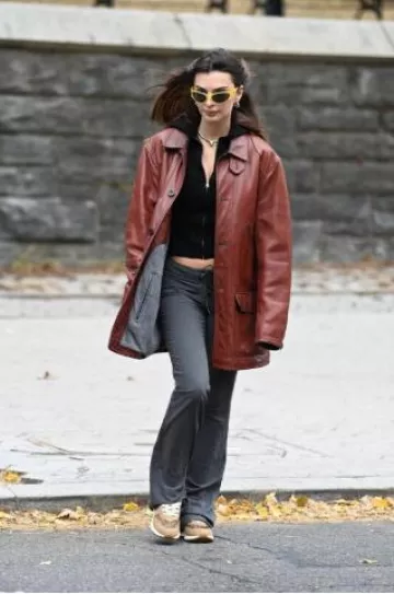 Toms Trvl Lite Retro Runner Sneaker in Tan Mini Cheetah worn by Emily Ratajkowski in NYC on December 11, 2024