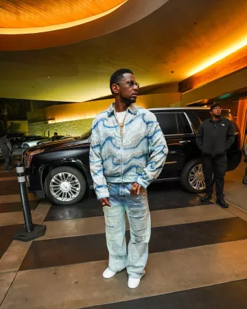 Amiri Blue Wavy Crystal Embellished Work Jacket worn by Fabolous on the Instagram account @myfabolouslife