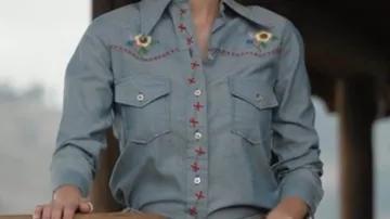 Outfits of Yellowstone: Monica Dutton (Kelsey Chow) wears western denim embroidered shirt in season 5, episode 14