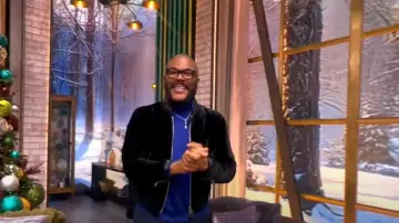 Tom Ford Full-Grain Leather-Trimmed Velvet Bomber Jacket worn by Tyler Perry as seen in The View on December 17, 2024