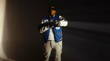 Thats A Awful Lot Of Cough Syrup Blue & White Letterman Varsity Jacket worn by Finesse2tymes in Finesse2Tymes - Bigger Now ft. Hunxho [Official Music Video]