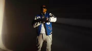 Thats A Awful Lot Of Cough Syrup Blue & White Letterman Varsity Jacket worn by Finesse2tymes in Finesse2Tymes - Bigger Now ft. Hunxho [Official Music Video]