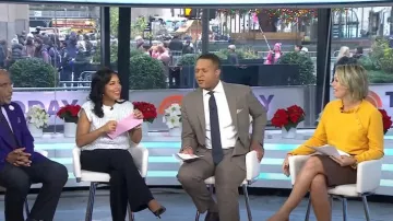Sudadera Talbots Ruffle Trim Raglan usada por Dylan Dreyer como se ve en Today el 17 de diciembre de 2024