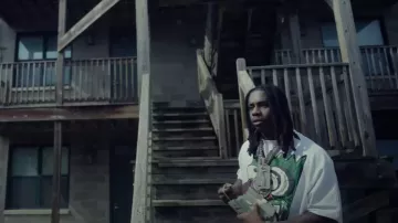 Billionaire Studios White & Green Face Hypno Eggplant T Shirt worn by Polo G in Polo G - S.I.P (Official Video)