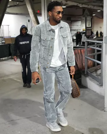 Casablanca Grey Peach Textured Pants worn by Donovan Mitchell on the Instagram account @nbafashionfits