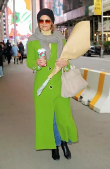 Marina Moscone Tailored Waist Wool Coat Dress worn by Katie Holmes in New York City on December 15, 2024