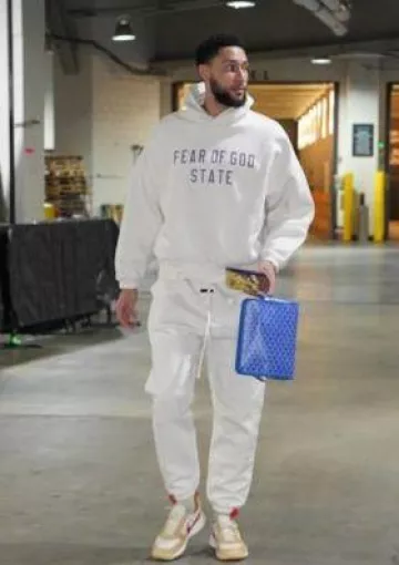 Fear Of God White State Fleece Sweatpants worn by Ben Simmons on the Instagram account @nbafashionfits