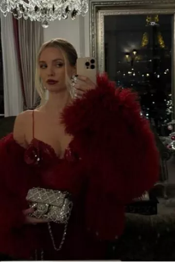 Vestido de lentejuelas con apliques florales de Magda Butrym usado por Leonie Hanne en su historia de Instagram el 17 de diciembre de 2024