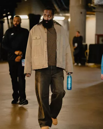 Prada Beige Distressed Canvas Chore Jacket worn by James Harden on the Instagram account @leaguefits