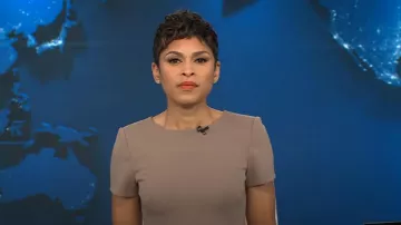 Calvin Klein Short-Sleeve Belted Sheath Dress worn by Jericka Duncan as seen in CBS Evening News on  December 23, 2024