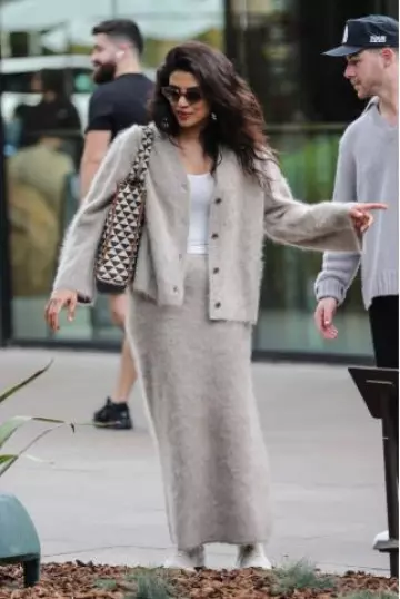 Almada Label Macy Cardigan in Nougat worn by Priyanka Chopra in Los Angeles on December 23, 2024