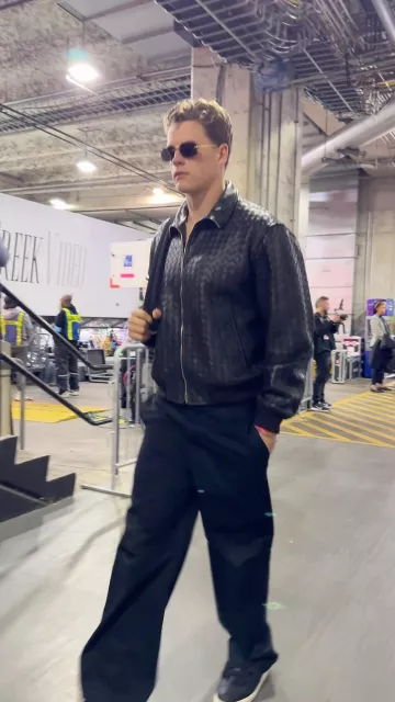 Bottega Veneta Fondant Brown Intrecciato Leather Jacket worn by Joe Burrow on the Instagram account @bengals