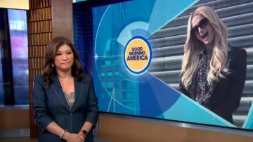 Cinq a Sept Khloe Ruched Sleeve Denim Blazer worn by Juju Chang as seen in Good Morning America on December 19, 2024