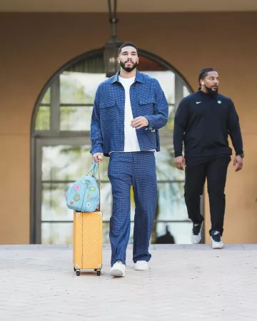 Honor The Gift Navy Houndstooth HTG Logo Shirt worn by Jayson Tatum on the Instagram account @celtics