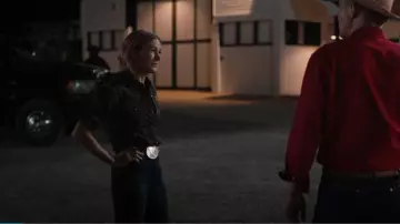 Kimes Ranch Women's Dark Wash Jennifer High Rise Wide Flare Jeans worn by Teeter (Jennifer Landon) as seen in Yellowstone (S05E14)