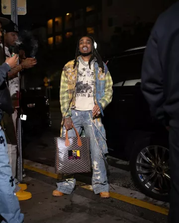 Cease and Desist Blue Destroyed Denim & Flannel Kilt Jeans worn by Quavo on the Instagram account @quavohuncho
