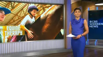 Hervé Leger Icon Bandage Pencil Midi-Skirt en violet portée par Jericka Duncan comme on le voit dans CBS Evening News le 30 décembre 2024