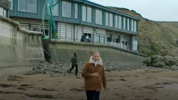 Sezane Nico Coat Caramel Ecru worn by Maddie Wilson (Niamh Algar) as seen in Playing Nice (S01E01)