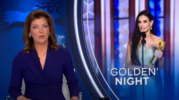 The Fold Adelaide Dress Dark Violet Stretch Tailoring worn by Norah O'Donnell as seen in CBS Evening News on January 6, 2025