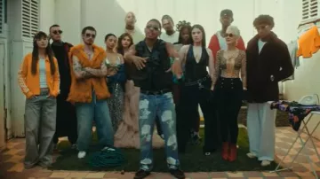 Better With Age Blue & Allover White-Print 'Teresa' Jeans worn by Myke Towers in Myke Towers & Pirlo - VAN CLEEF (Official Music Video)