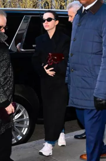 Bolso bandolera Ferragamo Hug Soft con lentejuelas usado por Mikey Madison en la ciudad de Nueva York el 8 de enero de 2025