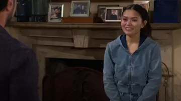 Good American Jeanius Crop Zip Hoodie worn by Luna(Lisa Yamada) as seen in The Bold and the Beautiful on January 13, 2025