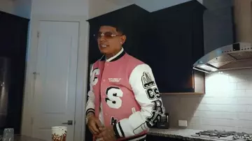 Thats A Awful Lot Of Cough Syrup Pink & White Letterman Varsity Jacket worn by DeeBaby in DeeBaby - Half a Ticket (Official Music Video)