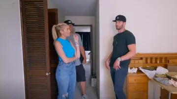 Alice + Olivia Klynn Darted Top Sleeveless Blue worn by Heather Rae Young as seen in The Flipping El Moussas (S02E03)