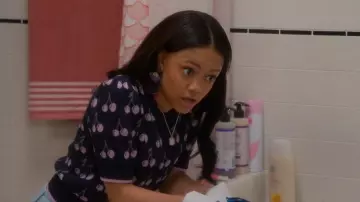 On 34th Cherry Print Short Sleeve Sweater worn by Aaliyah Upshaw (Khali Spraggins) as seen in The Upshaws (S06E09)