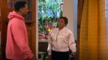 Central Park West Brocade Bomber Jacket worn by Lucretia Turner (Wanda Sykes) as seen in The Upshaws (S06E10)