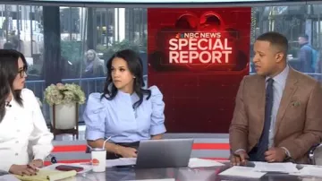 Frame Ruched Puff Sleeve Shirt in Chambray Blue worn by Laura Jarrett as seen in Today on January 17, 2025