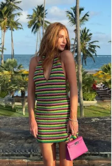 Frame + Julia Sarr-Jamois Crocheted Cotton-Blend Halterneck Mini Dress worn by Marina Ruy Barbosa on her Instagram Post on January 17, 2025