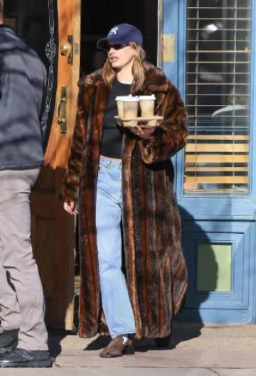 Ralph Lauren Runway Faux Sable Mink Fur Belted Oversized Coat worn by Hailey Bieber in Aspen on January 17, 2025