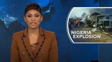 Veronica Beard Miller Chaqueta Dickey con ribete a rayas en ocre oscuro usada por Jericka Duncan como se vio en CBS Evening News el 20 de enero de 2025