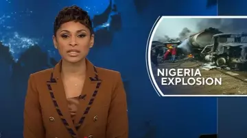 Veronica Beard Miller Striped-Trim Dickey Jacket en ocre foncé porté par Jericka Duncan comme on le voit dans CBS Evening News le 20 janvier 2025