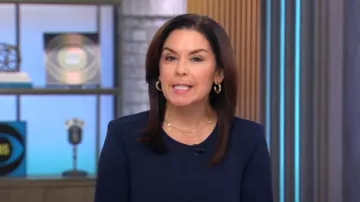 Vince Camuto Brooch Detail Long Sleeve Crepe Shift Dress worn by Meg Oliver as seen in CBS Mornings on January 22, 2025