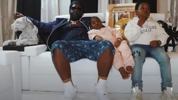 Marni Blue Allover Drip Logo Denim Shorts worn by Rio Da Yung Og in Rio Da Yung OG - OFF-RAP (Official Video)