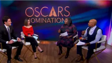 Vestido de Tanya Taylor Thea en Dark Navy/Mulberry Multi usado por Kelley L. Carter visto en Good Morning America el 23 de enero de 2025