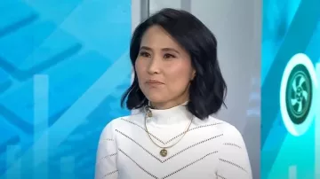 Pull à col montant à empiècements Club Monaco porté par Vicky Nguyen comme on le voit dans Today le 24 janvier 2025